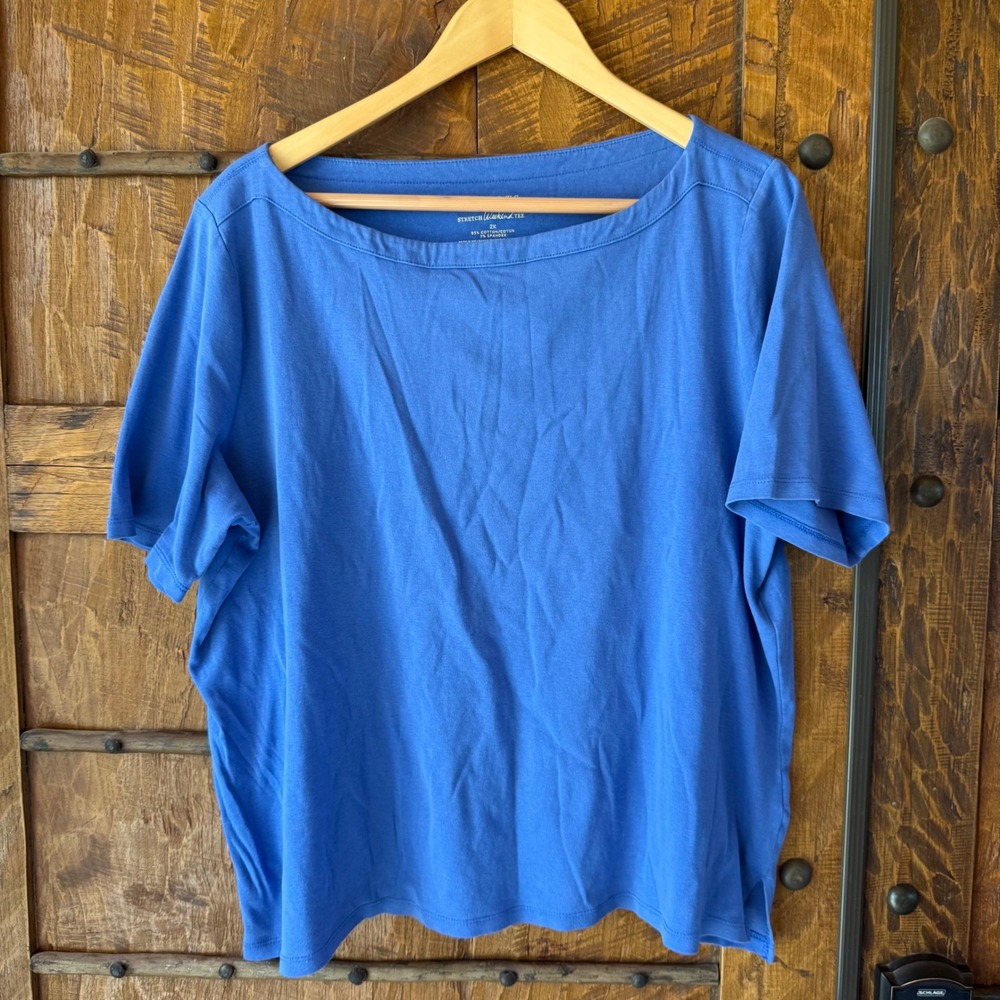 Talbots Woman Stretch Weekend Tee Blue‎ Boat Neck Short Sleeve Top Plus Size 2X